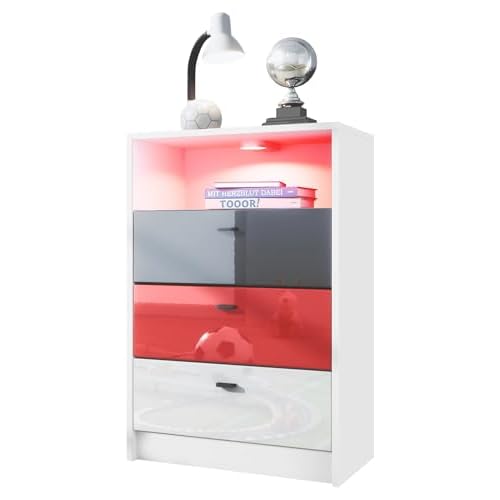 Vladon Kommode Pino V2 Fußball Bundesliga z. B. Frankfurt, Made in Germany, Kinderzimmer Anrichte in Weiß matt mit 3 Schubladen in Schwarz, Rot & Weiß Hochglanz inkl. LED (56 x 86,5 x 36 cm)