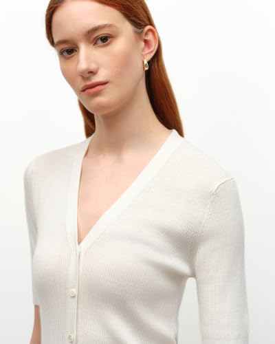 Image of KVSS Women's V-Neck Ribbed Knit Short Sleeve Cardigan, 70% Cashmere 30% Silk Lightweight Luxury Spring Summer Sweater