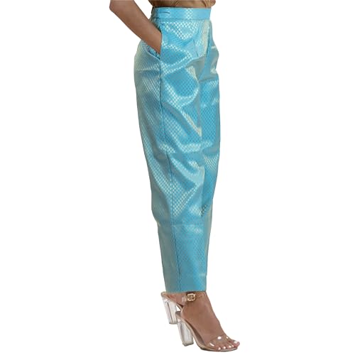 Blue Tapered Disco Pants - Cocktail Front Pleated Trouser or Casual Sparkle Satin Pant with Side Pocket