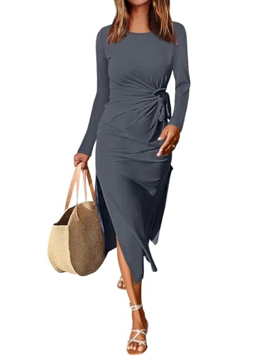 ANRABESS Womens 2026 Spring Long Sleeve Maxi Dress Crewneck Tie Waist Slit Casual Long T Shirt Dresses Winter Trendy Outfits Deep Gray Medium