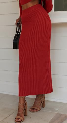Image of CHARTOU Women Two Piece Sweater Skirt Set Outfits Knit Sweater Top Pullover Knitted Slit Bodycon Pencil Skirt