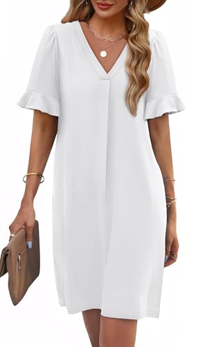 Image of OFEEFAN Summer Dresses for Women Ruffle Short Sleeve V Neck Casual Shift Dress with Pockets