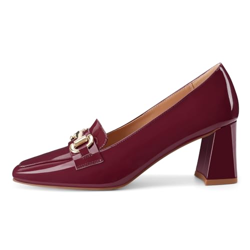 Image of Womens Mid Block Chunky Heeled Loafers Closed Square Toe Patent Leather Comfortable Slip On Pumps Metal Chain Basic Classic Casual Work Office Dress Shoes 2.8 Inches Heels