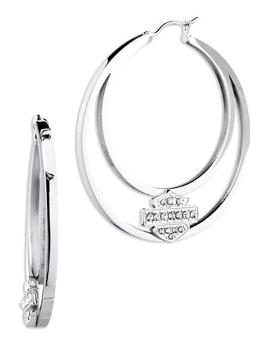 Harley-Davidson Women's Crystal Bar & Shield Logo Large Hoop Earrings, Silver
