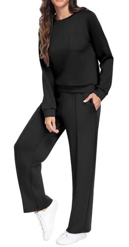 GRECERELLE Tracksuit Womens Full Set Autumn Long Sleeve Lounge Wear Sets for Women Two Piece Outfits Activewear Casual Crew Neck Pullover Tops and Jogging Bottoms with Pockets (Black, M) - Image 3