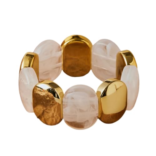 Caiyao Colorful Acrylic Chunky Geometric Elastic Bangle Bracelets Retro Mixcolor Wide Chunky Resin Gold Beads Stretch Wristband Bracelet for Women Men Fashion Party Wedding Jewelry Gifts (White 2)