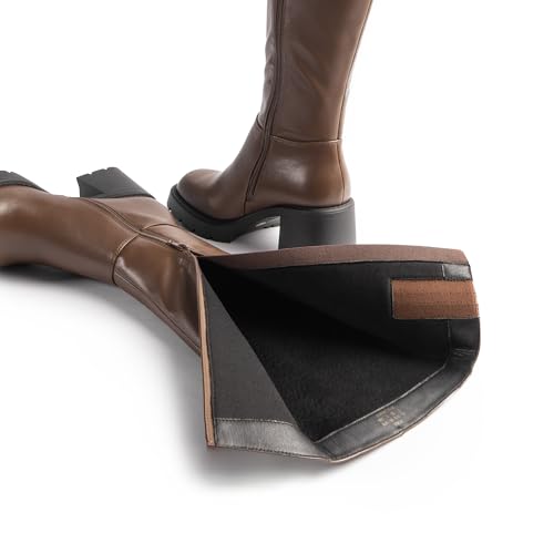 Women Platform Brown Knee High Boots with Chunky Heel, Square Toe Fashion Tall Boots with Lug Sole and Side Zipper Size 114