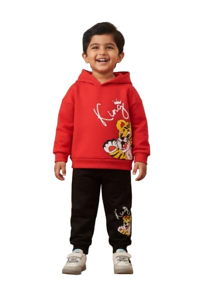Image of Kids Winter Hooded Sweatshirt Set, Red and Black Cotton Tracksuit with Animal Print Design, Casual Wear for Toddlers