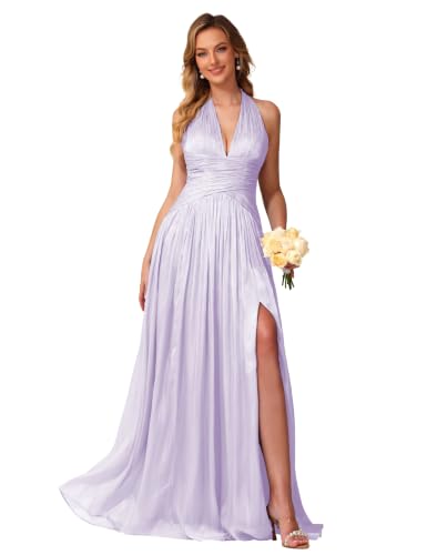 Image of Shimmer Chiffon Bridesmaid Dresses for Women Long | Deep V Neck,Pleated,Knotted,Empire Waist,with Slit,Breathable,Lightweight,Flowy,Formal Evening Dress