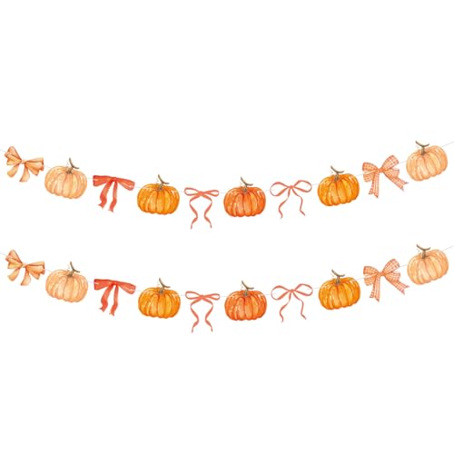 Image of Oudain 2 Pack Fall Decor Fall Pumpkin Garland 6.56 ft Orange Pumpkin Paper Bow Hanging Banner for Thanksgiving Autumn Harvest Birthday Party Home Indoor Outdoor Mantle Wall Decor