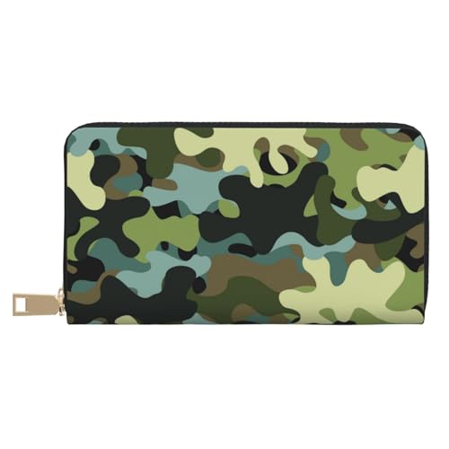 Black Green Camo Print Wallet Women Men, Long PU Leather Wallets for Women, Cute Womens Travel Wallet Purse Pouch with Zipper Pocket
