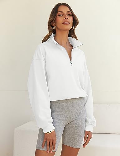 Merokeety CASUAL PULLOVER TOP Sweatshirt For Women Loose 1/4 Zip Long Balloon Sleeves High Neck Running Workout Activewear,White,L thumb #7