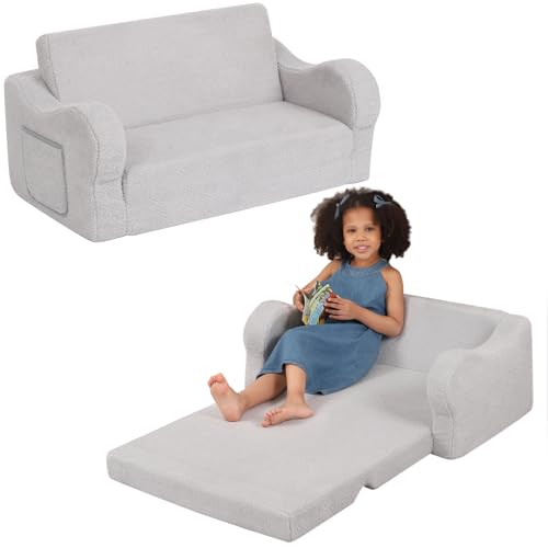 BestRoyal Extra Wide Toddler Chair, 2-in-1 Toddler Couch Fold Out, Convertible Sherpa Sofa to Lounger for Boys & Girls, Grey