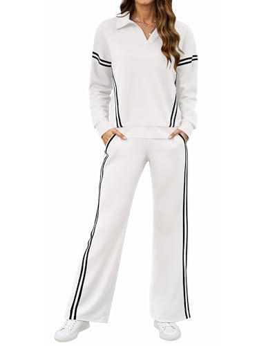 SHESHOW Lounge Sets for Women V-Neck Tracksuit 2-Stripes Wide Leg