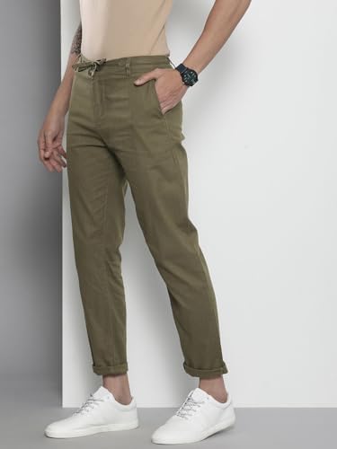 Image of The Indian Garage Co Men Slim Fit Solid Mid-Rise Elasticated Linen Trousers