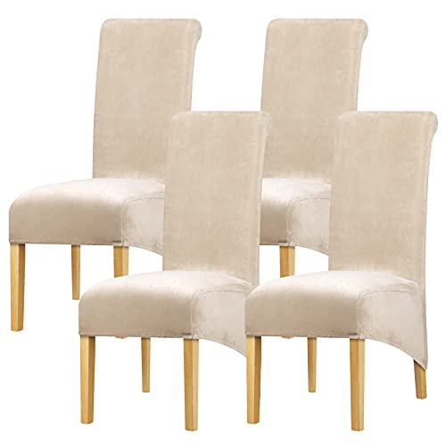 Leorate High Back Chair Covers Stretch Velvet Chair Protector Large Thick Slipcover for Dining Room Kitchen Banquet Restaurant Home (Pack of 4, Khaki)