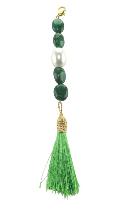 P D Diamonds Creation Pearl and Green Fabric Tassel Charm for Phone Keychain