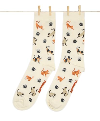 Roits Calcetines Gatos Crema Hombre y Mujer - Calcetines de Dibujos Originales Divertidos Estampados Regalo Gatitos Colores Molones Accesorios (41-46)