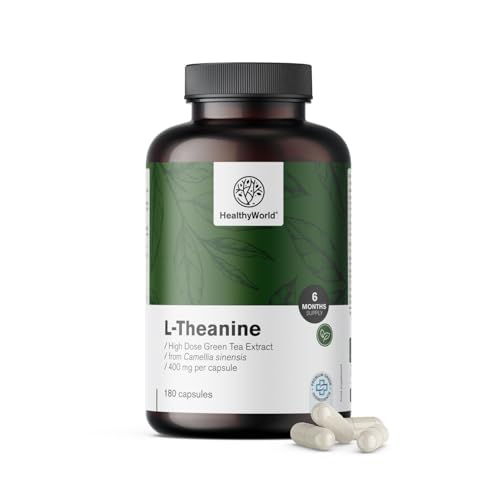 HealthyWorld L-Teanina 400 mg - 180 Cápsulas - Extracto de té verde - Alta concentración - Aminoácido eficaz - Apoyo corporal natural - Vegetariano y sin OGM