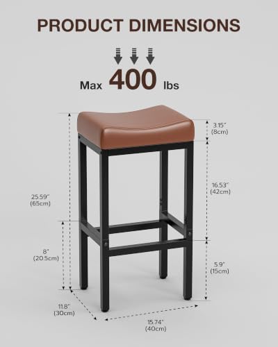 Image of Bar Stools Set of 2-24 Inch Counter Height Chairs for Kitchen Island, Leather Seat with 400 LBS Heavy-Duty Metal Frame and Adjustable Feet, Easy to Assemble for Bar, Cafe or Dining Room,Brown