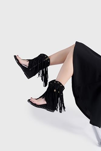 Image of Women's Bohemian Tassel Gladiator Sandals Brown Suede Thong Flip Flops for Fringe Summer Wedge Heel Sandal with Rivets Western Shoes