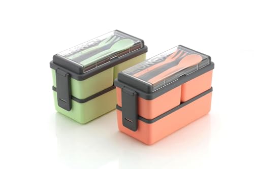 Image of Plastic Lunch Box Comes with 3 Detachable Box, 2 Spoons & Stylish Lid Bpa Free, Air Tight,Easy to Carry in Bagpack Ideal for Office, School & Oudoor Double Decker (Multicolor), 1.4 Liters