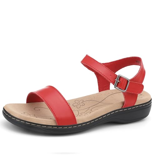 Image of Women's Classic Flat Sandals Leather Open Toes Memory Foam One Band Ankle Strap Adjustable Slip On Shoes