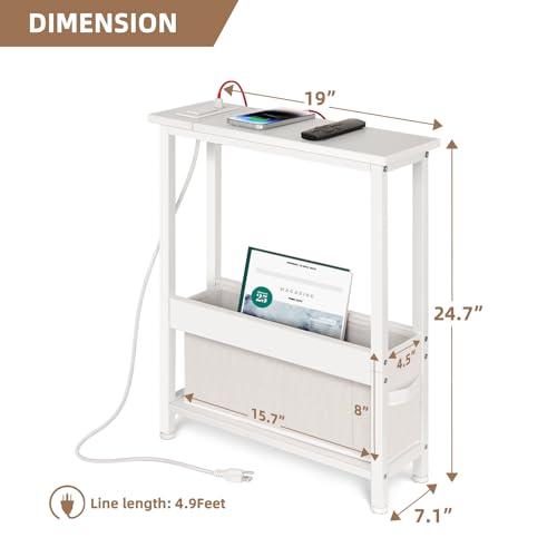 BAMGROW Slim Charging End Table with Storage - for Small Spaces and Bedroom (White)