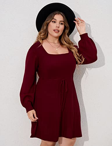 Image of Women's Plus Size Casual Sweater Dress Square Neck Long Lantern Sleeve Tie Waist Loose Pullover Sweater Dresses