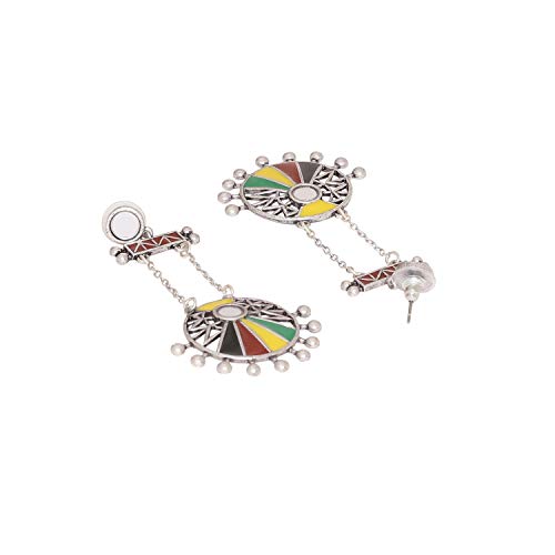 Brass Oxidised Colorful Circles Long Drop Earrings, Statement Style