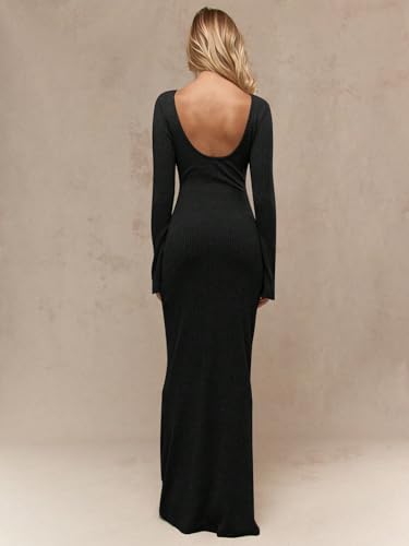 Women's 2025 Spring Fall Dress Rib Knit Neck Long Sleeves Scoop Back Dress2