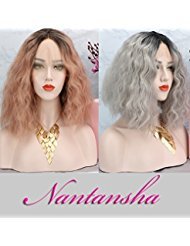 Nantansha Glueless Lace Front Wigs Natural Wavy Short Bob for Women Ombre Dark Roots to Mixed Gray Synthetic Hair Wig Heat Resistant Middle Parting (Ombre Gray)