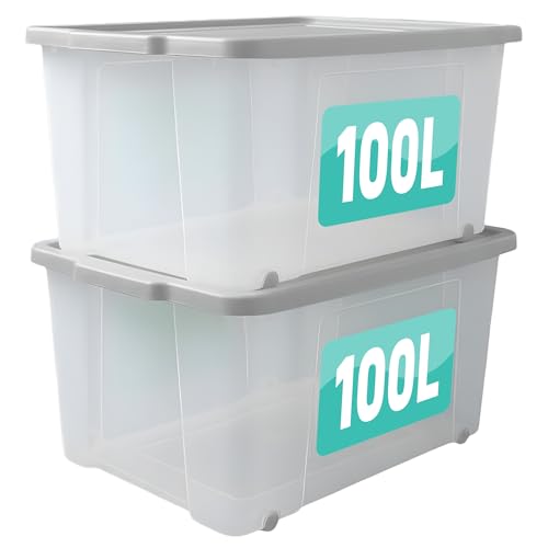 Optimal Products Set Of 2 Plastic Storage Box with Lid & Wheels Stackable Heavy Duty Container for Home Garage & Office Organisation Boxes Nestable Portable Multipurpose Room Organiser (100 Litre)