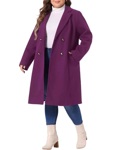 Image of Agnes Orinda Plus Size Long Coat for Women Notched Lapel Warm Winter Double Breasted Coat 1X Purple