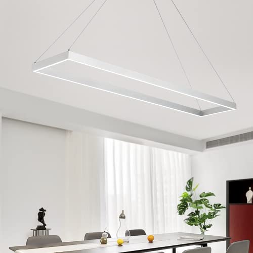 Sunmoo Modern Led Chandelier Linear Rectangle Chandelier Modern Led Pendant Light Kitchen Island Lighting Fixture 6000K Dimmable 39.4” Contemporary Hanging Light For Dining Room Living Room Bar Silver #TOP6