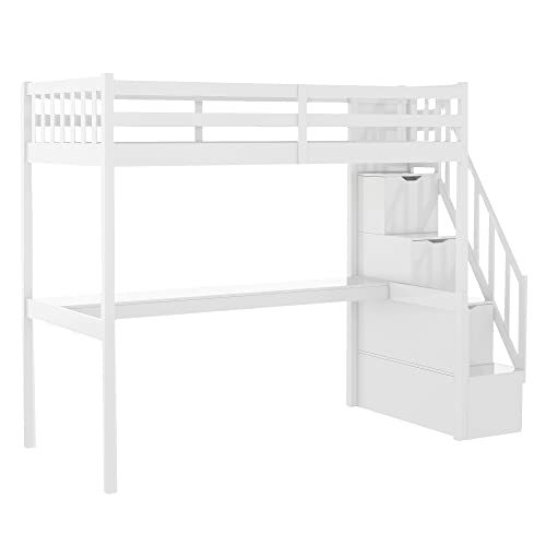 Glorhome Full Size Wood Loft Bed With Built-In Storage Staircase And And Hanger For Clothes，Full Length Safety Guard Rails For S Teens, Space Saving Bedroom Furniture #TOP4