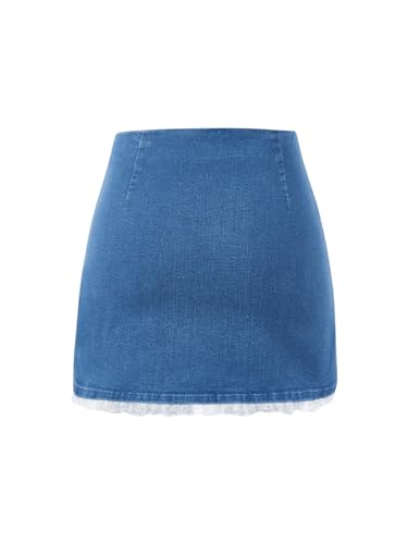 Milumia Women's Bow Lace Trim Denim Mini Skirt Y2k Split Hem Short Jean Skirts2