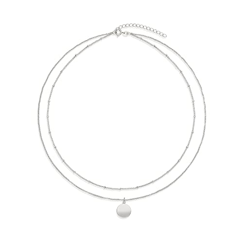Amazon Essentials Sterling Silver Plated Polished Disc And Beaded Chain 2 Row Layer Necklace, Sterling Silver #TOP2