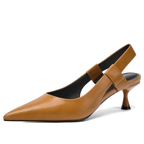 Pointed Toe Slingback Kitten Heels for Women, Leather Stiletto Heel Pumps with Elastic Strap Elegant Bridal Heel Dating Party Work Office Backless Pumps Shoes
