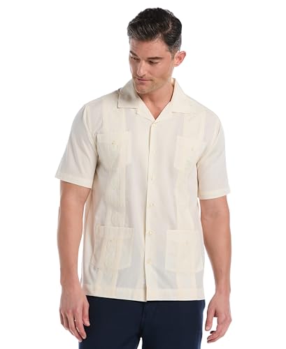 Cubavera, Camisa Guayabera Bordada auténtica de Tela Transpirable para Hombre, con Cuatro Bolsillos, Cuello de Campamento, Manga Corta con Botones, Marfil, Large