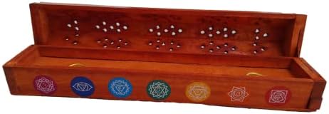 Seven Chakra Wooden Incense Box Black & Brown Agarbati Holder Wooden Hand Carved Incense Burner,Brass Inlays & Storage Incense Holder Stand, Incense Stick Stand Handmade (12x2.5x3 inch) (Brown)