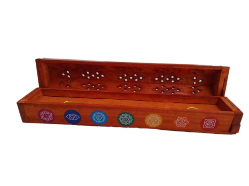 Seven Chakra Wooden Incense Box Black & Brown Agarbati Holder Wooden Hand Carved Incense Burner,Brass Inlays & Storage Incense Holder Stand, Incense Stick Stand Handmade (12X2.5X3 Inch) (Brown) #TOP3