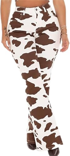 DSAoTeng Pantalones de mezclilla de cintura alta con estampado de vaca y pierna recta para mujer, con bolsillos, pantalones largos de mezclilla elásticos casuales para uso diario al aire libre,