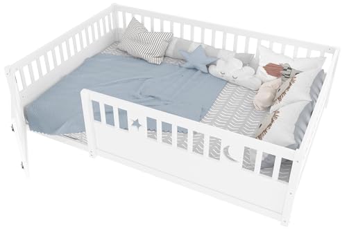 odikalo - Cama infantil en el suelo, 140 x 190 cm, Montessori para niños, con protección, decoración estrella y luna, color blanco
