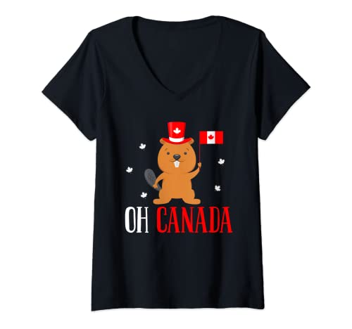 Mujer Happy Canada Day Funny Canadian Groundhog Flag Camiseta Cuello V