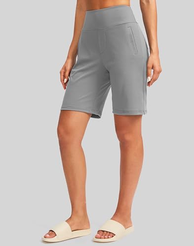Image of SANTINY Women's 9 inch High Waisted Bermuda Shorts with 4 Pockets Knee Length Long Shorts for Women Workout Athletic Casual
