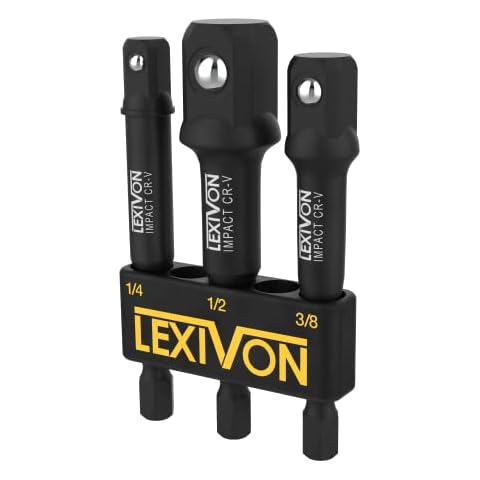 LEXIVON Impact Grade Socket Adapter Set, 3" Extension Bit with Holder | 3-Piece 1/4", 3/8", and 1/2" Drive, Adapt Your Power Drill to High Torque Impact Wrench (LX-101) Cover