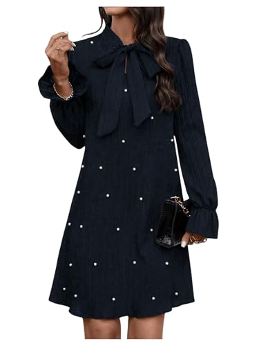 Image of WDIRARA Women's Pearl Decor Flare Long Sleeve Mini Dress Bow Tie Front Dress