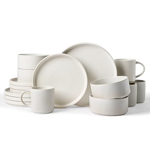Image of Famiware Star Dinnerware Set with Mugs, Service for 4 (16pcs), Ribbed Stoneware Plates and Bowls Dishes Sets - Chip & Scratch Resistant, Microwave & Dishwasher Safe, Matte White
