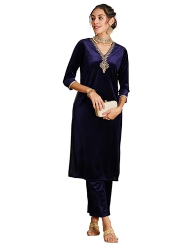 Image of Women's Velvet Floral Embroidered Straight Kurta | Round Neck Three-Quarter Sleeve Calf Length Kurti with Thread Work
